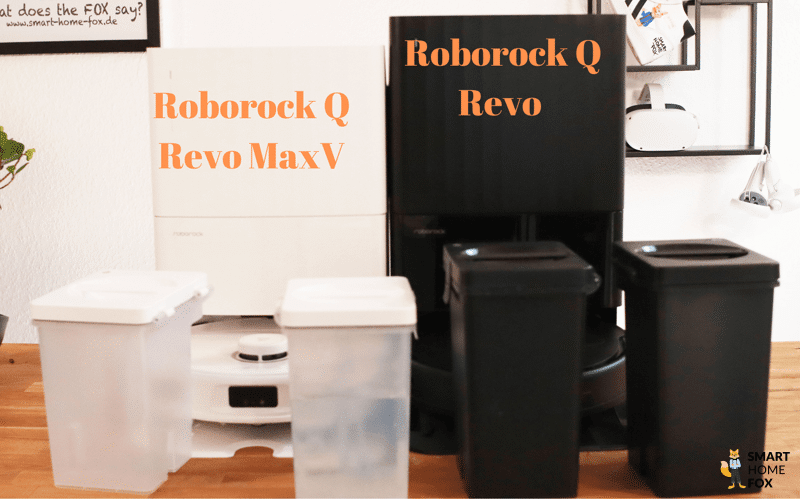 Die Station des Roborock Q Revo MaxV und des Q Revo stehen nebeneinander.